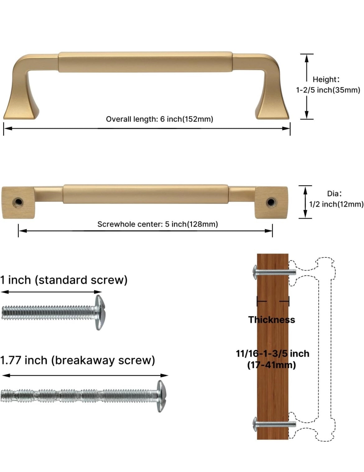 6pk Champagne/Brushed Gold Cabinet Handles, Furniture Pulls 5- inch